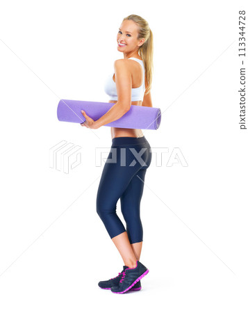 Portrait, smile and woman with yoga mat in studio isolated on a white background mockup space. Pilates, fitness and happy person with rug for exercise, practice or body health of model in Switzerland Portrait, smile and woman with yoga mat in studio isolated on a white background mockup space. Pilates, fitness and happy person with rug for exercise, practice or body health of model in Switzerland 113344728