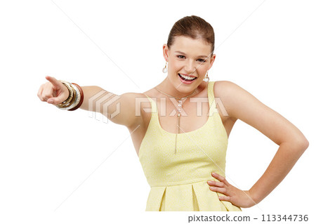 Woman, portrait and pointing for pick in studio, option and selection on white background. Excited female person, direction and smile for opportunity or decision, gesture and mockup space for offer Woman, portrait and pointing for pick in studio, option and selection on white background. Excited female person, direction and smile for opportunity or decision, gesture and mockup space for offer 113344736