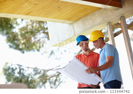 Blueprint, construction and architect with man on site for inspection, project management and planning. Professional contractor, engineer or developer with floor plan, pointing and building design Blueprint, construction and architect with man on site for inspection, project management and planning. Professional contractor, engineer or developer with floor plan, pointing and building design 113344742