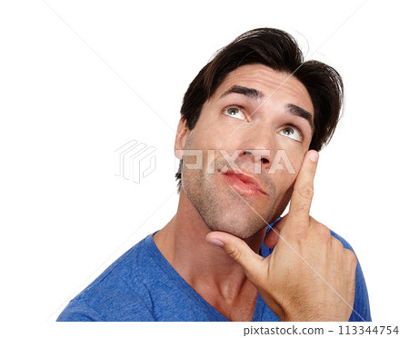 Man, thinking and studio with vision for ideas with looking up with isolated on white background with hand sign. Male person, reflection and confidence with brainstorming, curious and wonder Man, thinking and studio with vision for ideas with looking up with isolated on white background with hand sign. Male person, reflection and confidence with brainstorming, curious and wonder 113344754