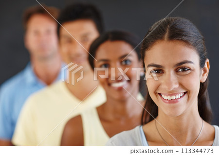 Diversity, coworker and row with smile for teamwork or collaboration and coworking with dark background as graphic designers. Portrait, colleagues and people as employees in happiness for growth. Diversity, coworker and row with smile for teamwork or collaboration and coworking with dark background as graphic designers. Portrait, colleagues and people as employees in happiness for growth. 113344773