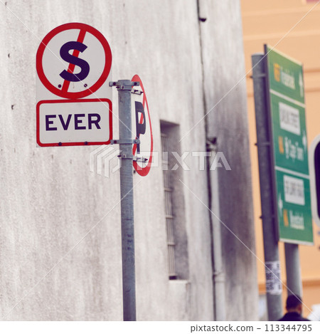 Signage for road and city with information, outdoor and board with urban town and design. Direction, icon and street with symbol and buildings with poster and language with warning, day and board 113344795