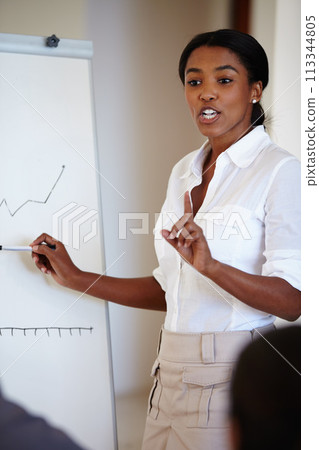 Black woman, business and presentation with workshop for company sales growth or corporate training with coaching or mentor. Meeting, presenter or speaker with teamwork, advice or charts with economy 113344805