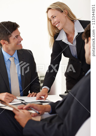 Business people, research and discussion on paperwork, teamwork and brainstorming on project in office. Colleagues, collaboration and coworking lawyers talking on ideas, documents and plan for report Business people, research and discussion on paperwork, teamwork and brainstorming on project in office. Colleagues, collaboration and coworking lawyers talking on ideas, documents and plan for report 113344851