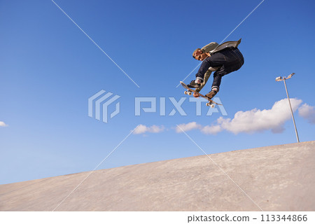 Skateboard, blue sky and man with ramp, fitness and training for a competition and sunshine. Adventure, person and skater with practice for technique and skating style with exercise, energy or cardio Skateboard, blue sky and man with ramp, fitness and training for a competition and sunshine. Adventure, person and skater with practice for technique and skating style with exercise, energy or cardio 113344866
