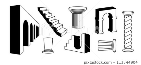 Outline arches, columns and stair collection. Surreal greek ruin element set. Black 3d arc, doors, pillars, staircase, gates bundle. Trippy shapes pack for collage, poster, banner, sticker. Vector  113344904