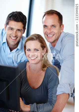 Corporate, team and portrait of business people in administration with teamwork, smile and pride. Employees, happy and digital technology in office for policy review, research and compliance planning 113344925