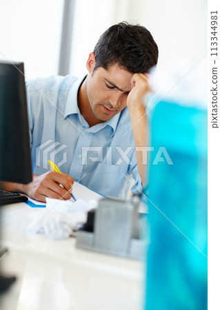 Paperwork, stress or businessman writing with headache for financial crisis, bored or frustrated by accounting. Tax mistake, boring documents or sad accountant with brain fog, burnout or debt risk Paperwork, stress or businessman writing with headache for financial crisis, bored or frustrated by accounting. Tax mistake, boring documents or sad accountant with brain fog, burnout or debt risk 113344981