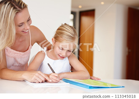 Mom, happy and child writing on notebook for development, learning or educational training. Woman, girl and book smile doing homework in living room for bonding, studying or tutoring after school 113345018