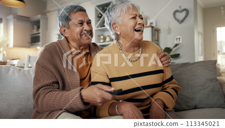 Home, watching tv and senior couple with love, funny and retirement with support, romantic and relax. Romance, old man and elderly woman laughing, smile and relationship with trust, humor or marriage 113345021