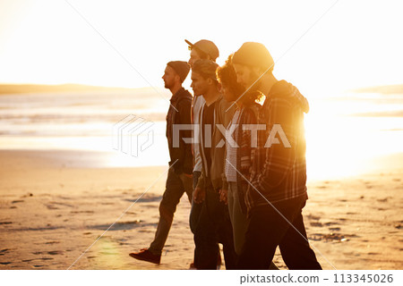 Sunset, beach or friends walking in nature for vacation, bonding or holiday outdoor together. Lens flare, journey or gen z group of people at sea for fresh air, sunshine or sunrise ocean adventure Sunset, beach or friends walking in nature for vacation, bonding or holiday outdoor together. Lens flare, journey or gen z group of people at sea for fresh air, sunshine or sunrise ocean adventure 113345026