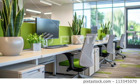 A vibrant eco-conscious office environment with indoor plants on desks, promoting health and productivity in the workplace. 113345070