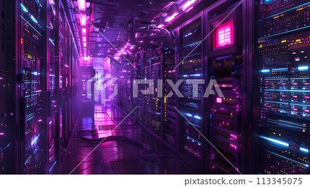 Data center illuminated by vibrant neon lights, reflecting the power of modern computing and network infrastructure. Data center illuminated by vibrant neon lights, reflecting the power of modern computing and network infrastructure. 113345075