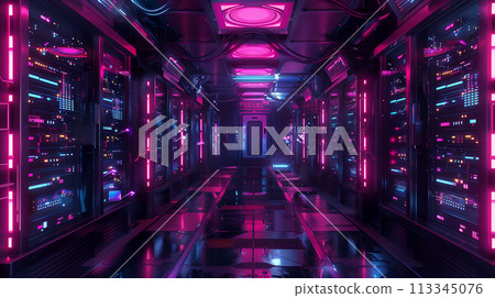 Data center illuminated by vibrant neon lights, reflecting the power of modern computing and network infrastructure. 113345076