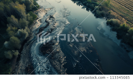 Overhead shot capturing the serene flow of a winding river with textured sandbanks, surrounded by lush vegetation at twilight. 113345085