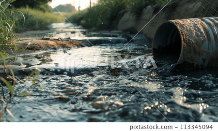 The image captures wastewater discharging from a corroded pipeline into a creek, raising concerns for environmental health. 113345094