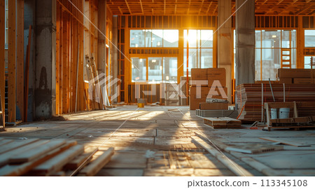 Golden sunlight streams through the windows of a building under construction, highlighting materials and the wooden framework. 113345108