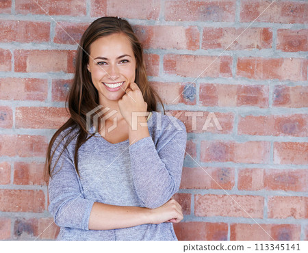 Brick wall, leaning and portrait of woman with smile for scholarship to university in USA. Background, student and female person with happiness in campus of academy, gen z and girl back to school Brick wall, leaning and portrait of woman with smile for scholarship to university in USA. Background, student and female person with happiness in campus of academy, gen z and girl back to school 113345141