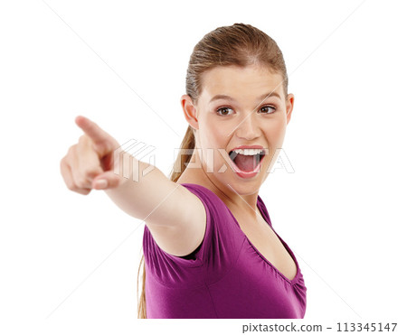 Woman, smile and pointing for shock in studio, option and selection on white background. Happy female person, direction and surprise for opportunity or decision, gesture and promotion for offer 113345147