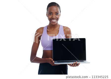 Portrait, exercise and laptop screen with happy black woman in studio isolated on white background. Fitness, smile and computer display with confident young sports model advertising gym training 113345225