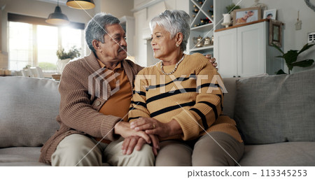 Senior, couple and hug for empathy on sofa with support, grief and comfort in living room of house. Old people, man and woman with love and embrace for security, compassion and sympathy on couch Senior, couple and hug for empathy on sofa with support, grief and comfort in living room of house. Old people, man and woman with love and embrace for security, compassion and sympathy on couch 113345253
