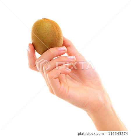 Hand, kiwi and healthy food for diet, wellness and weight loss with ingredient isolated on white background. Person with fruit, sweet or sour with nutrition, exotic and clean eating vegan for detox 113345274