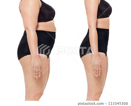 Transformation, weightloss and stomach of woman in studio for diet, lose weight and wellness. Health, before after and body of isolated person for workout, exercise and fitness on white background Transformation, weightloss and stomach of woman in studio for diet, lose weight and wellness. Health, before after and body of isolated person for workout, exercise and fitness on white background 113345308