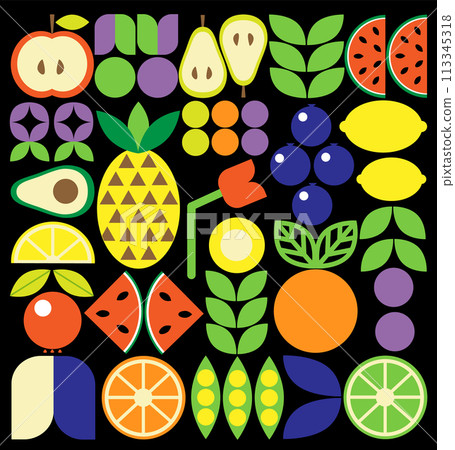 Abstract geometric fruit pattern. Shapes of natural organic flower plants, eco-agriculture citrus. Vector minimal illustration 113345318