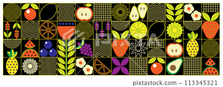 Abstract geometric fruit pattern. Shapes of natural organic flower plants, eco-agriculture citrus. Vector minimal illustration Abstract geometric fruit pattern. Shapes of natural organic flower plants, eco-agriculture citrus. Vector minimal illustration 113345321
