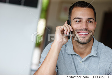Man, phone call and freelancer talking in home, networking and app for communication. Male person, smile and conversation for career opportunity in lounge, remote work and planning with contact Man, phone call and freelancer talking in home, networking and app for communication. Male person, smile and conversation for career opportunity in lounge, remote work and planning with contact 113345361