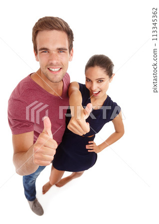 Marriage counselling, portrait and couple with thumbs up in studio top view for support, help or solution on white background. Therapy, service or people with OK hand emoji for reconciliation success Marriage counselling, portrait and couple with thumbs up in studio top view for support, help or solution on white background. Therapy, service or people with OK hand emoji for reconciliation success 113345362