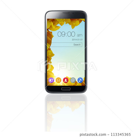 Phone screen, technology and icons on ui on mobile in studio isolated on white background mockup. Smartphone, cellphone and display of electronics, software or search bar app with time on reflection Phone screen, technology and icons on ui on mobile in studio isolated on white background mockup. Smartphone, cellphone and display of electronics, software or search bar app with time on reflection 113345365