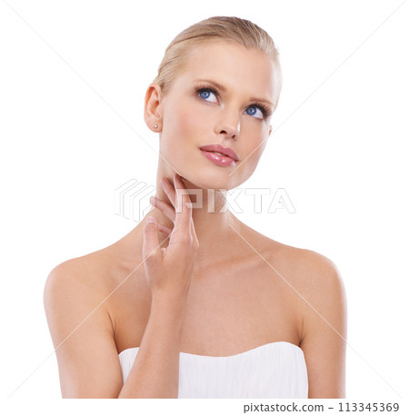Face, beauty and skincare for model women person, thinking and in studio isolated on white background. Cosmetic, makeup or dermatology for healthy skin, natural aesthetic and lipstick or cosmetology Face, beauty and skincare for model women person, thinking and in studio isolated on white background. Cosmetic, makeup or dermatology for healthy skin, natural aesthetic and lipstick or cosmetology 113345369