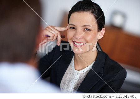 Businesswoman and smile in portrait, meeting in office for job opportunity. Happy, woman and discussion, conversation or communication for new career or position with growth in professional workplace 113345403