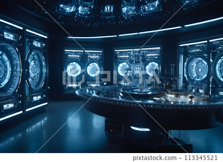 A futuristic control room with various screens and equipment. 113345521
