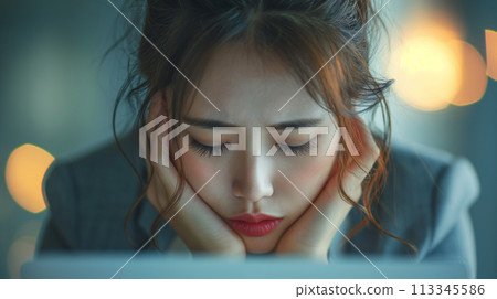 Business woman holding a head 113345586