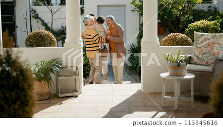 Hug, welcome and senior parents with children for bonding, visit and love for a daughter. Home, excited and an elderly man and woman with care, surprise and greeting a baby and family with a hello 113345616