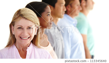 Group, people and face of woman with smile for community, diversity and demographic or population on white background. Leader, ceo and boss in corporate career with staff, employees and workers 113345640