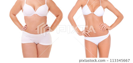 Transformation, lose weight and stomach of woman on a white background for diet, detox and wellness. Health, before after and isolated person in underwear for workout, exercise and fitness in studio 113345667