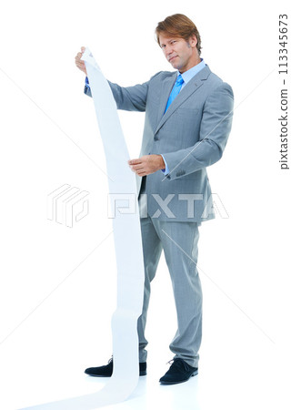 Businessman, portrait and receipt with finance, bills or expenses on a white studio background. Man or employee with paperwork or document for financial record, debt or budget list on mockup space 113345673