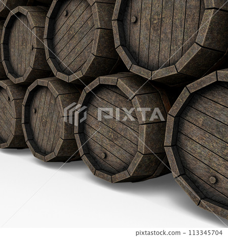 Wall from Wooden Cask Barrels Pile. 3D Illustration. 113345704