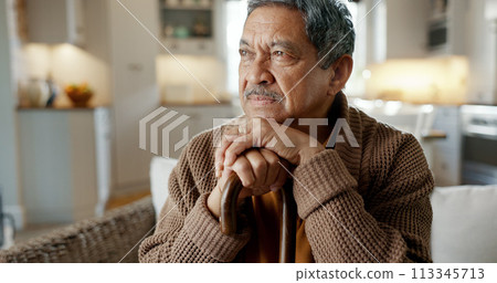 Depression, nostalgia and a senior man with a cane on a sofa in the living room of his retirement home alone. Memory, thinking and an elderly person with a walking stick in a house feeling sad Depression, nostalgia and a senior man with a cane on a sofa in the living room of his retirement home alone. Memory, thinking and an elderly person with a walking stick in a house feeling sad 113345713