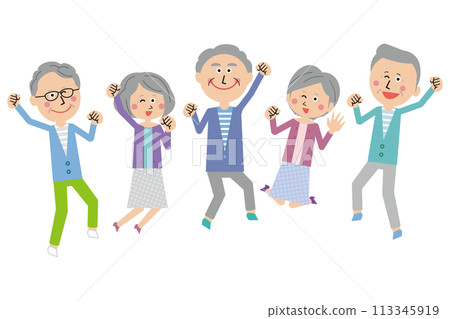 Pop senior men and women Five men and women jumping with smiles Pop senior men and women Five men and women jumping with smiles 113345919