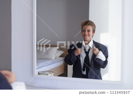 Happy, boy and pretend suit on male person, business wear for dream job or dress up on kid. Smile, clothes for career aspirations day in school, costume and standing in bedroom mirror in home Happy, boy and pretend suit on male person, business wear for dream job or dress up on kid. Smile, clothes for career aspirations day in school, costume and standing in bedroom mirror in home 113345937