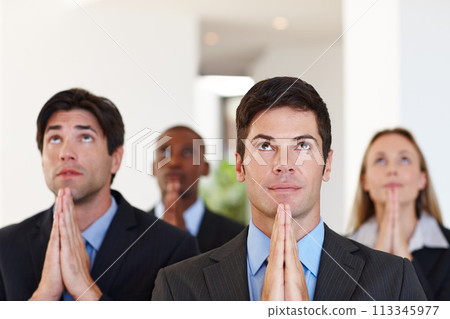 Business people, pray and audience for gratitude, religion and faith for company venture to complete professional project. Group or coworker with trust and belief in organisation at corporate event Business people, pray and audience for gratitude, religion and faith for company venture to complete professional project. Group or coworker with trust and belief in organisation at corporate event 113345977