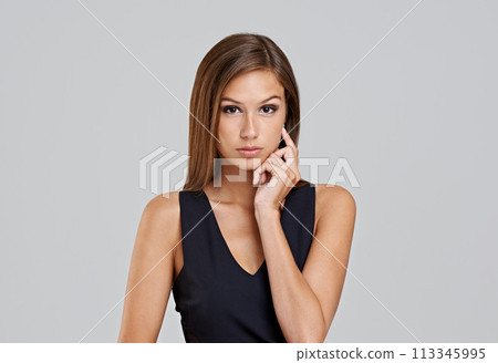 Fashion, glamour and portrait of woman in dress with mockup, luxury and space in studio. Classic, chic and elegant style with girl on white background in designer clothes, pride and formal aesthetic 113345995