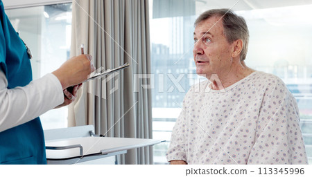 Doctor, senior man and writing prescription, diagnosis or results of patient in consultation at hospital. Nurse or medical professional taking notes and listening to elderly client for healthcare 113345996