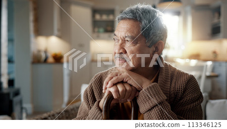 Thinking, depression and senior man with walking stick on chair with Alzheimer, memory loss or lonely. Face, anxiety and elderly male with a disability and mobility cane in living room sad or stress 113346125