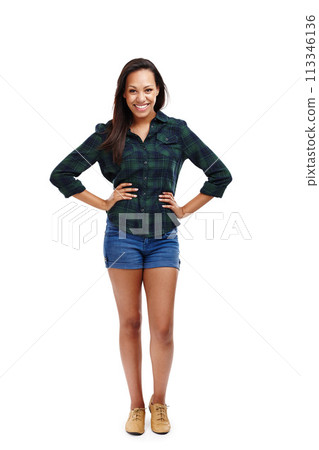 Portrait, woman and fashion with checkered shirt style for design of creative marketing appreciation. Natural, person and confident in stylish, retro and clothes on isolated white studio background Portrait, woman and fashion with checkered shirt style for design of creative marketing appreciation. Natural, person and confident in stylish, retro and clothes on isolated white studio background 113346136
