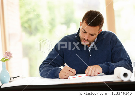 Man, house and architect with plan for design in office, documents and drawing on blueprint. Male person, drafting and engineer for building idea on paper, solution and pen for project at desk 113346140